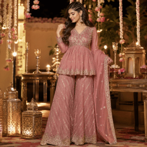 blush rose embroidered peplum ethnic set