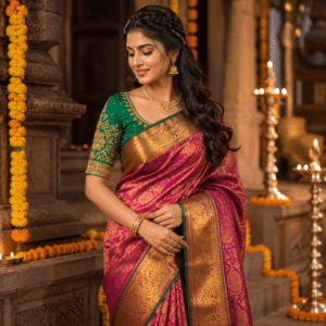 emerald kanjivaram festive silk saree with kolam designer blouse