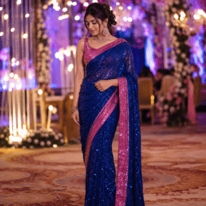 royal blue & pink sequin celebration saree